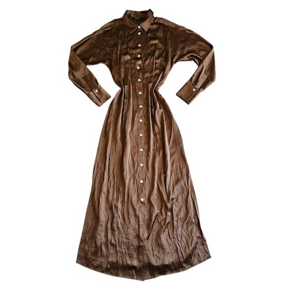 Madewell womens Sz 2 brown satin button front midi dress - Picture 5 of 9